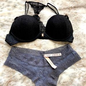 PINK Victoria’s Secret Black lace front clasping push-up bra,w-NWT gray cheekies
